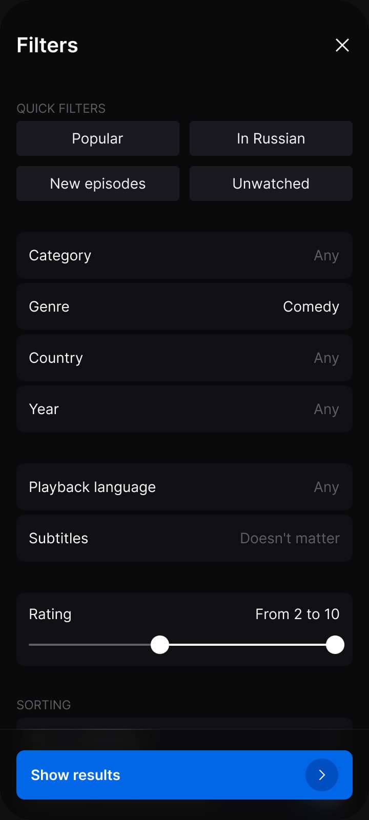 Filters: quick filters, genre, country, year, languages, rating, sorting