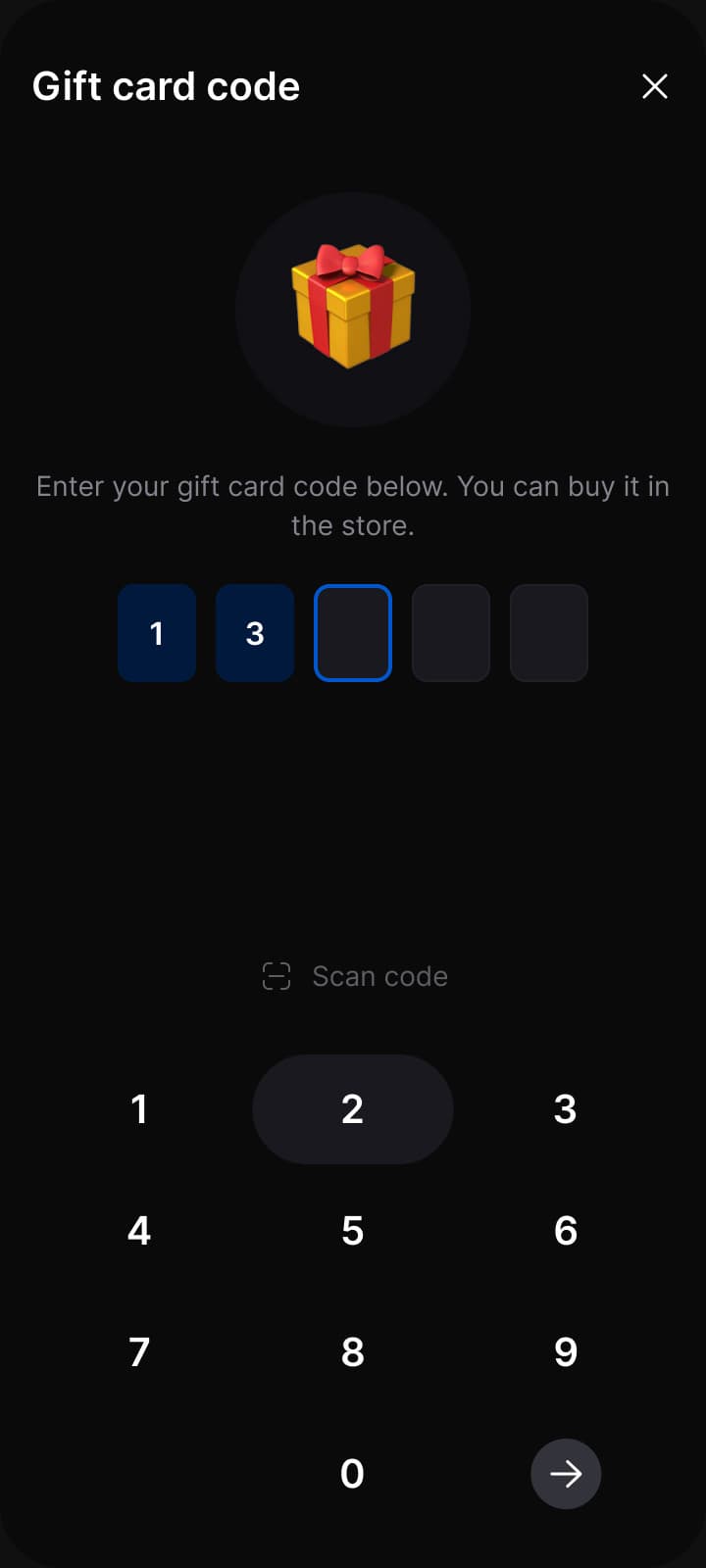 Gift card: a code entered digit by digit on a number pad
