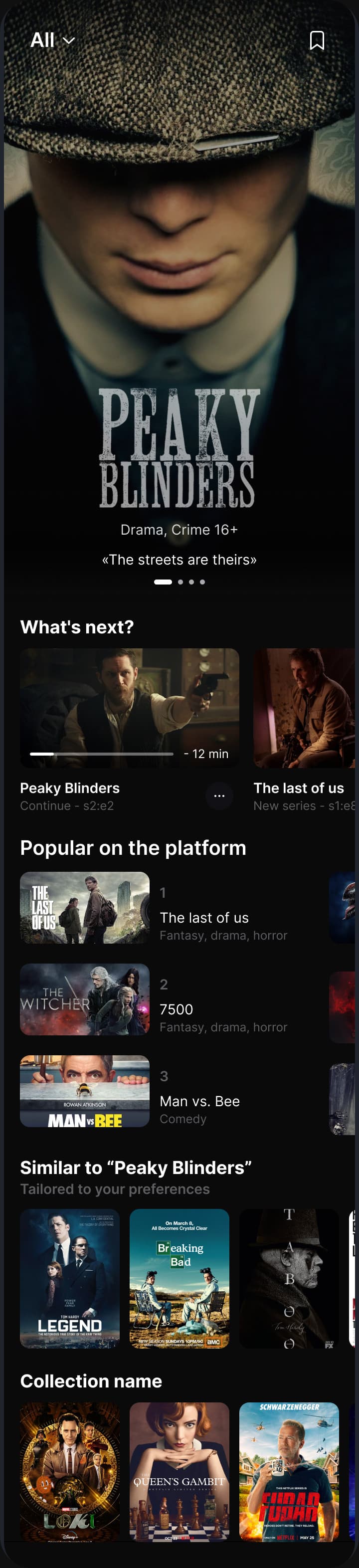 Home, top to bottom: a featured series, what's next, popular, similar, collections
