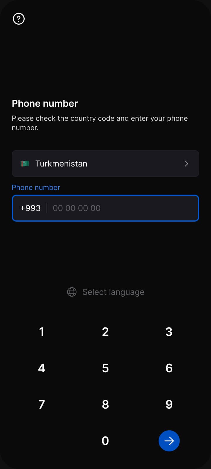 Sign-in: Turkmenistan selected, the +993 code filled in, a number pad