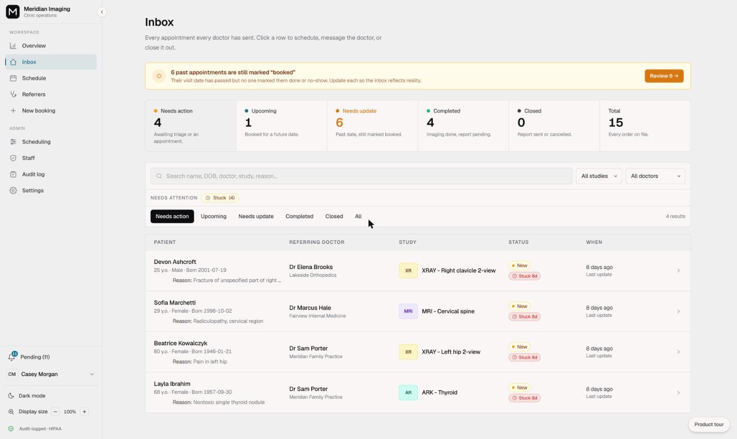 The Vendo inbox: referral pipeline with stat tiles and SLA aging