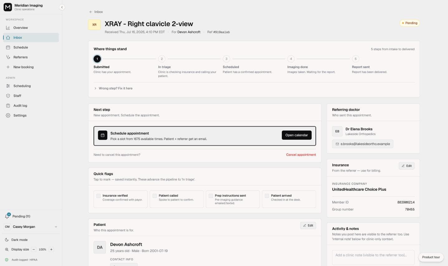 A referral detail page with its lifecycle stepper and checklists