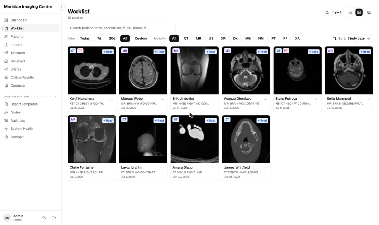 The worklist as a grid of real studies — MRI brains, knees, CT sinuses