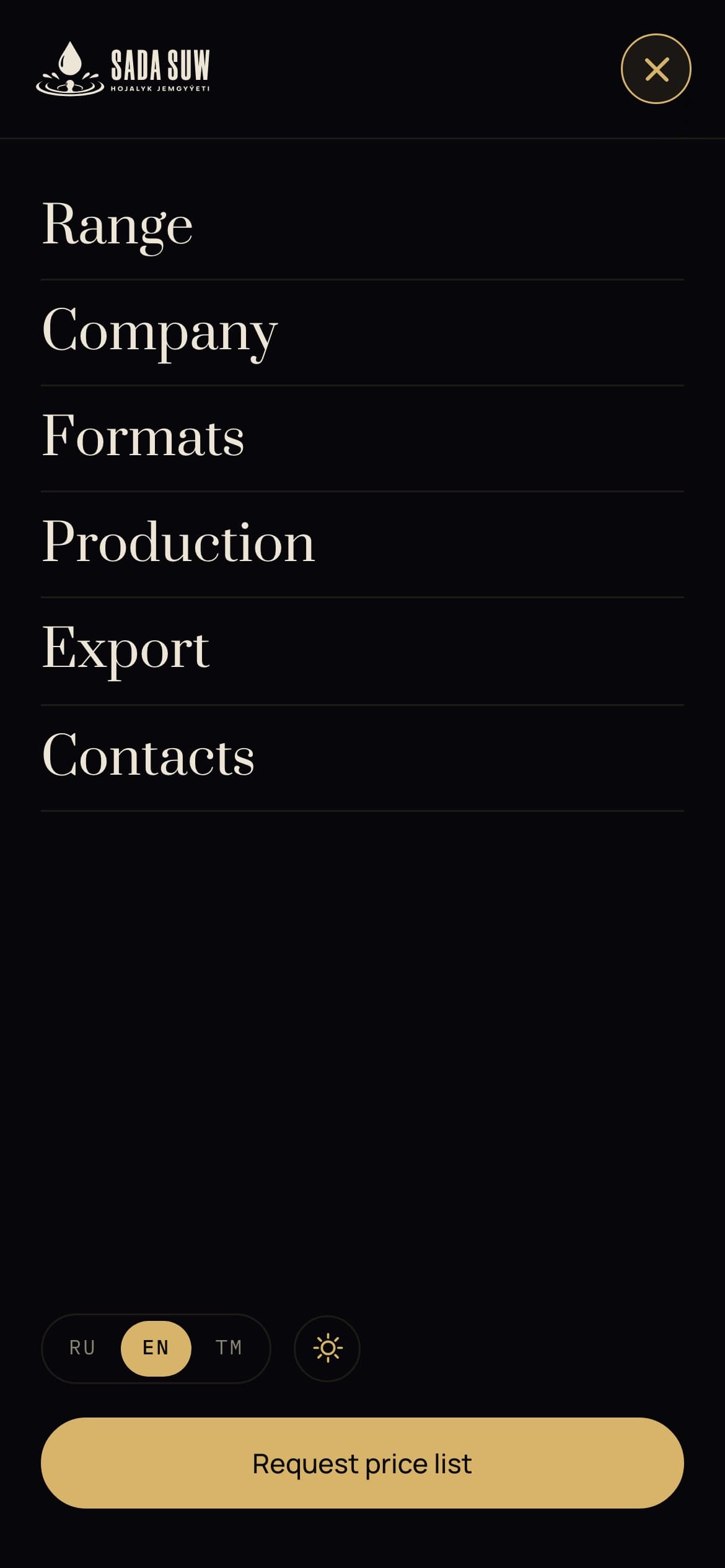 Menu — sections, language and theme in one sheet